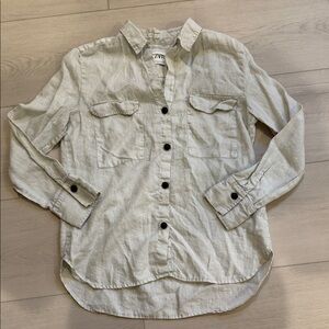 Zara Stone Gray/ Light Green Casual 100% Linen Shirt SZ S